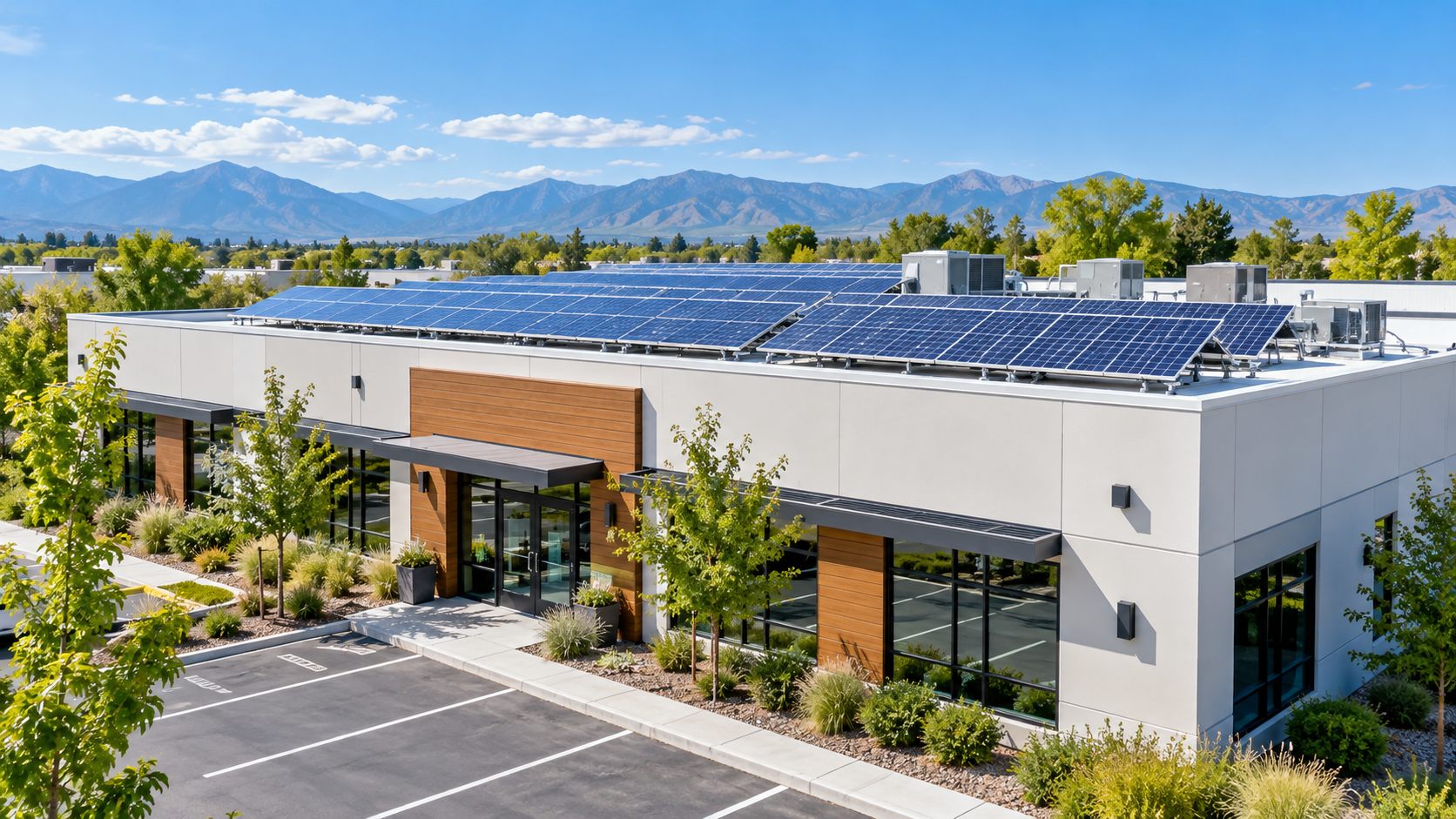 Documentary wide photograph of an ordinary American commercial building roof with a plausible photovoltaic array, daylight, no identifiable business signage