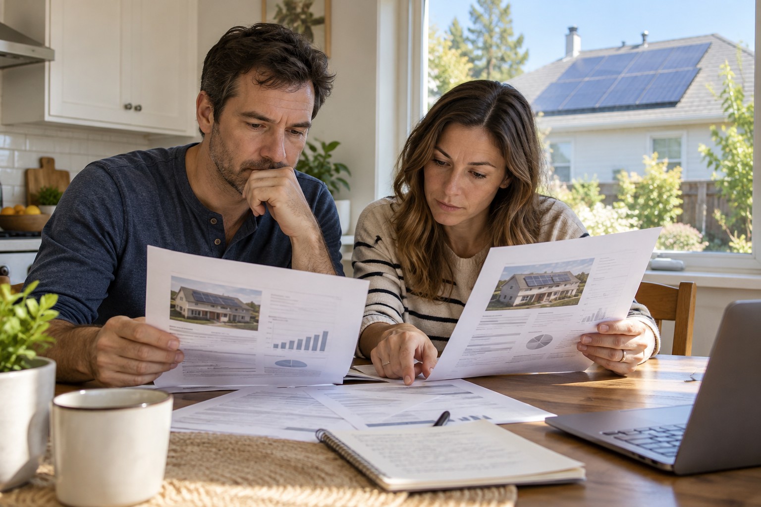 Homeowner comparing written solar installation proposals at a kitchen table, ordinary U
