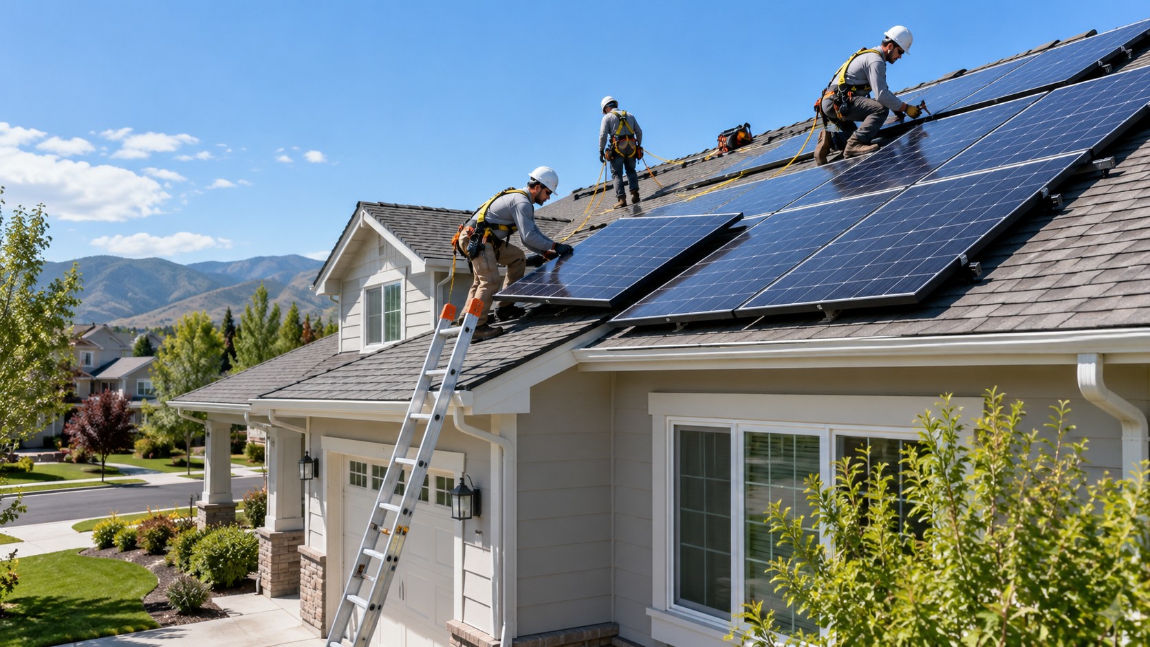 Residential solar installation in progress on an ordinary American roof with safe work equipment in daylight