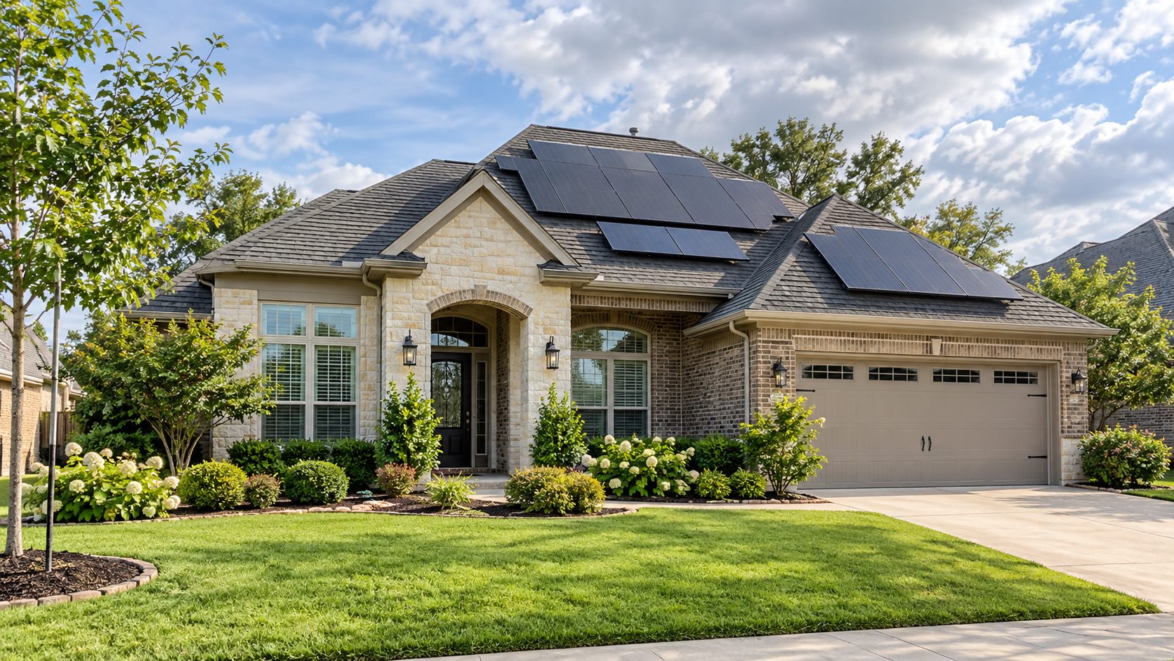 Realistic photograph of solar panels on a varied-roof suburban Houston home, subtle overcast daylight, no dramatic storm or branded equipment
