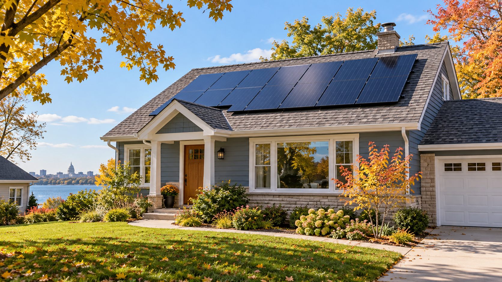 an ordinary Madison, Wisconsin home with rooftop solar in clear fall light, deciduous trees and no invented customer or signage