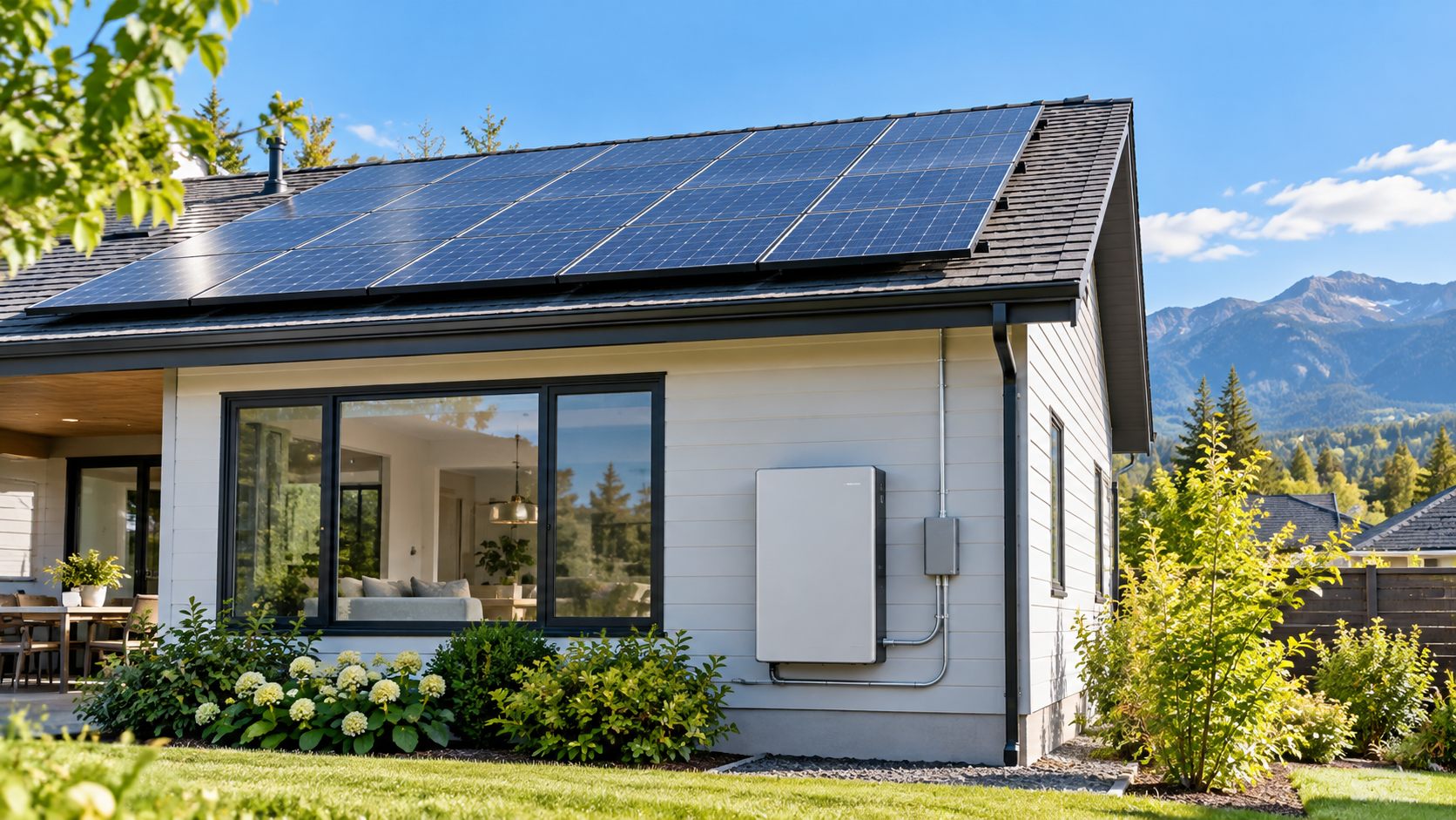 Balanced documentary image showing rooftop solar panels and a discreet home battery on a modern but ordinary U