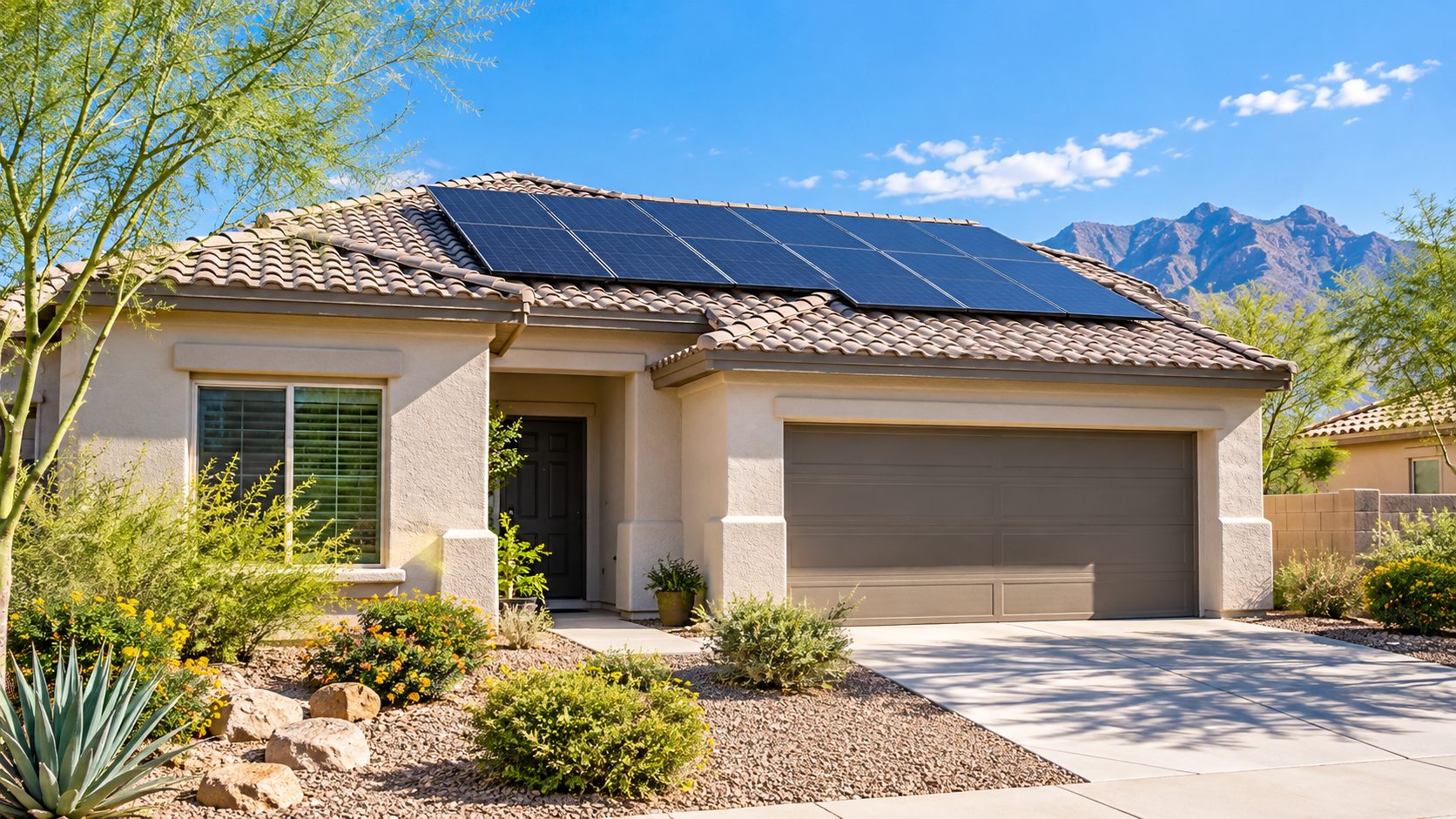 rooftop solar on an ordinary Phoenix-area stucco home with desert landscaping and clear daylight, no distinctive property or company sign