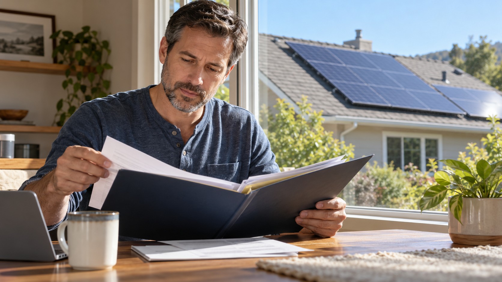 Homeowner reviewing solar warranty documents beside a sunlit window overlooking a typical U