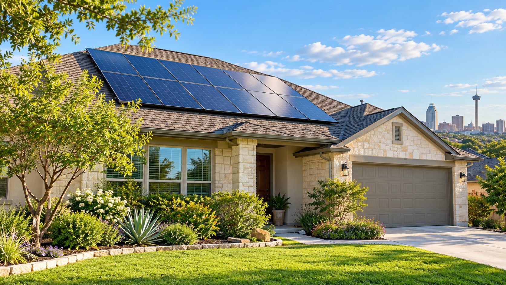 rooftop solar on an ordinary San Antonio home with warm daylight, wide roof view, no identifiable house number or business logo