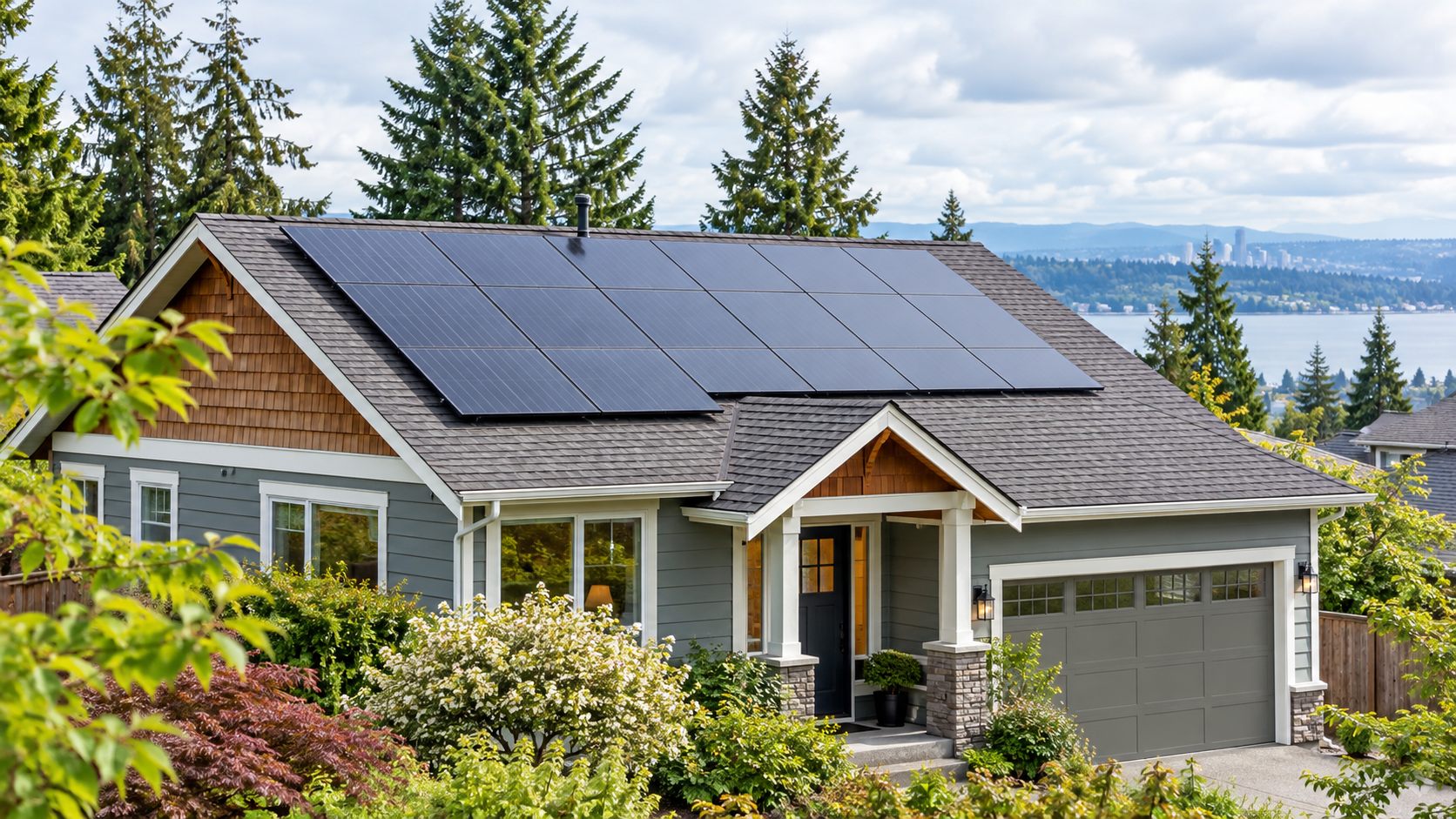 Documentary image of rooftop solar panels on an ordinary Seattle-style house under a bright overcast sky with trees in the background, technically plausible, no brand