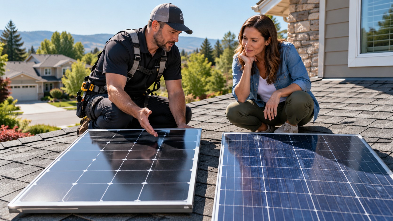 Close documentary view of residential solar panels with modest tree shade on a U
