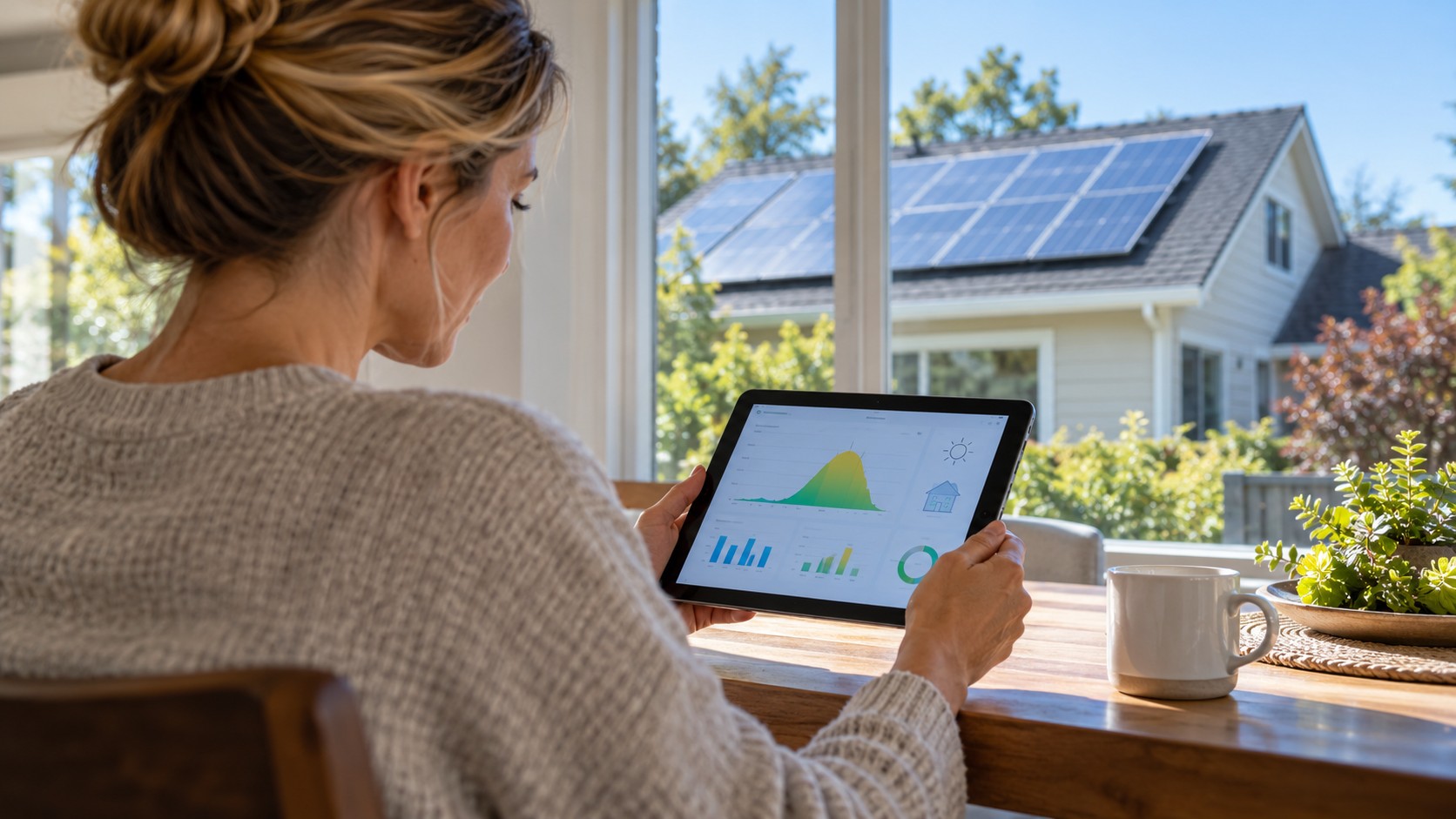 Homeowner checking abstract solar production chart on a tablet beside a normal U