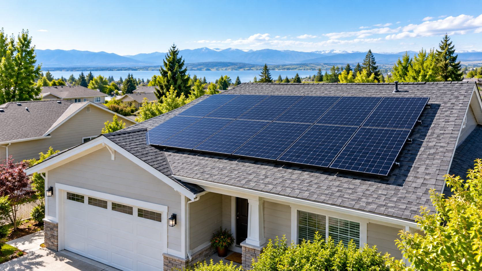 Overhead editorial photograph of a modest rooftop solar array with clearly visible roof margins and a simple unbranded home, no measurements or text