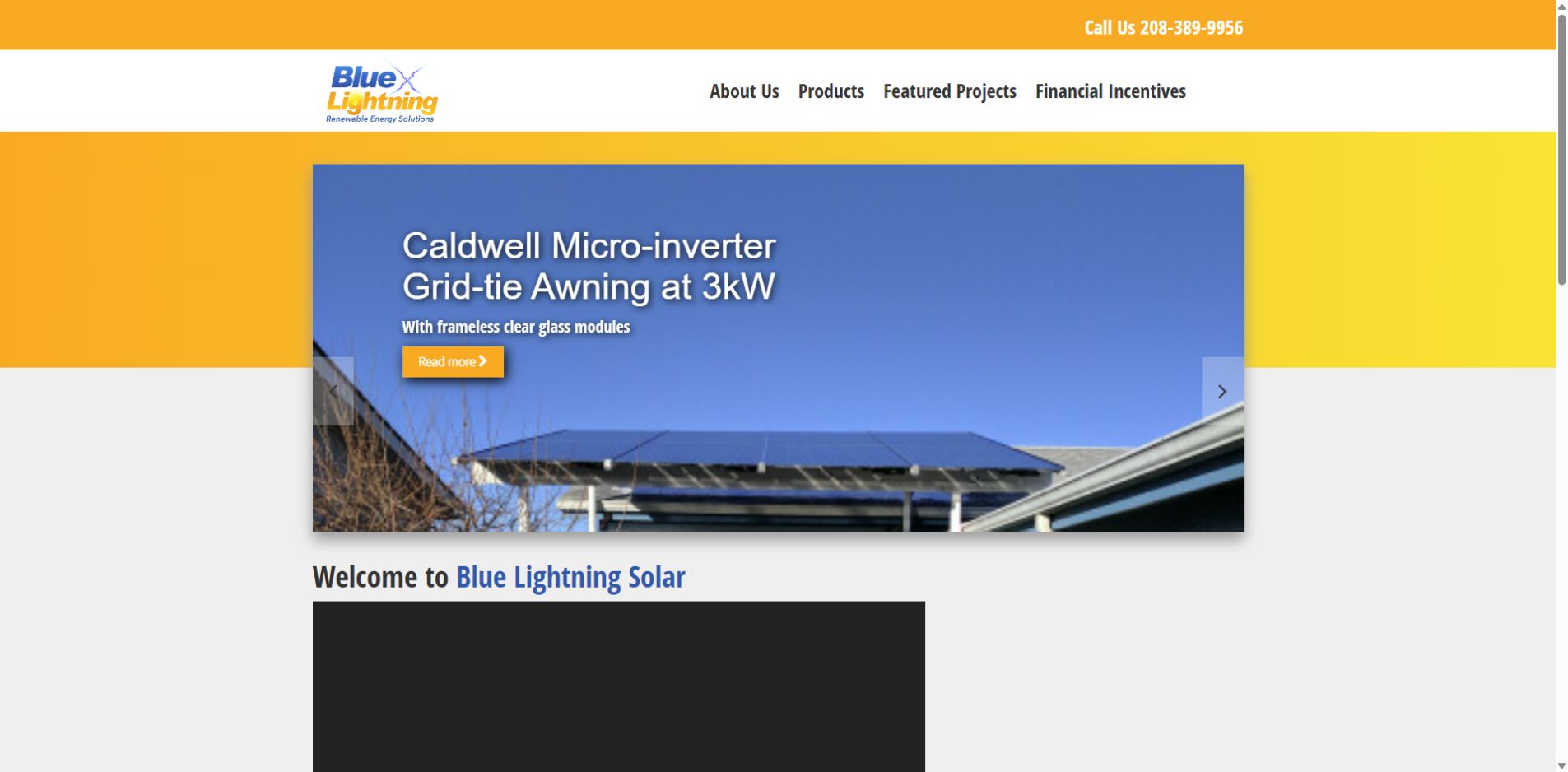 Screenshot of Blue Lightning Solar official website homepage