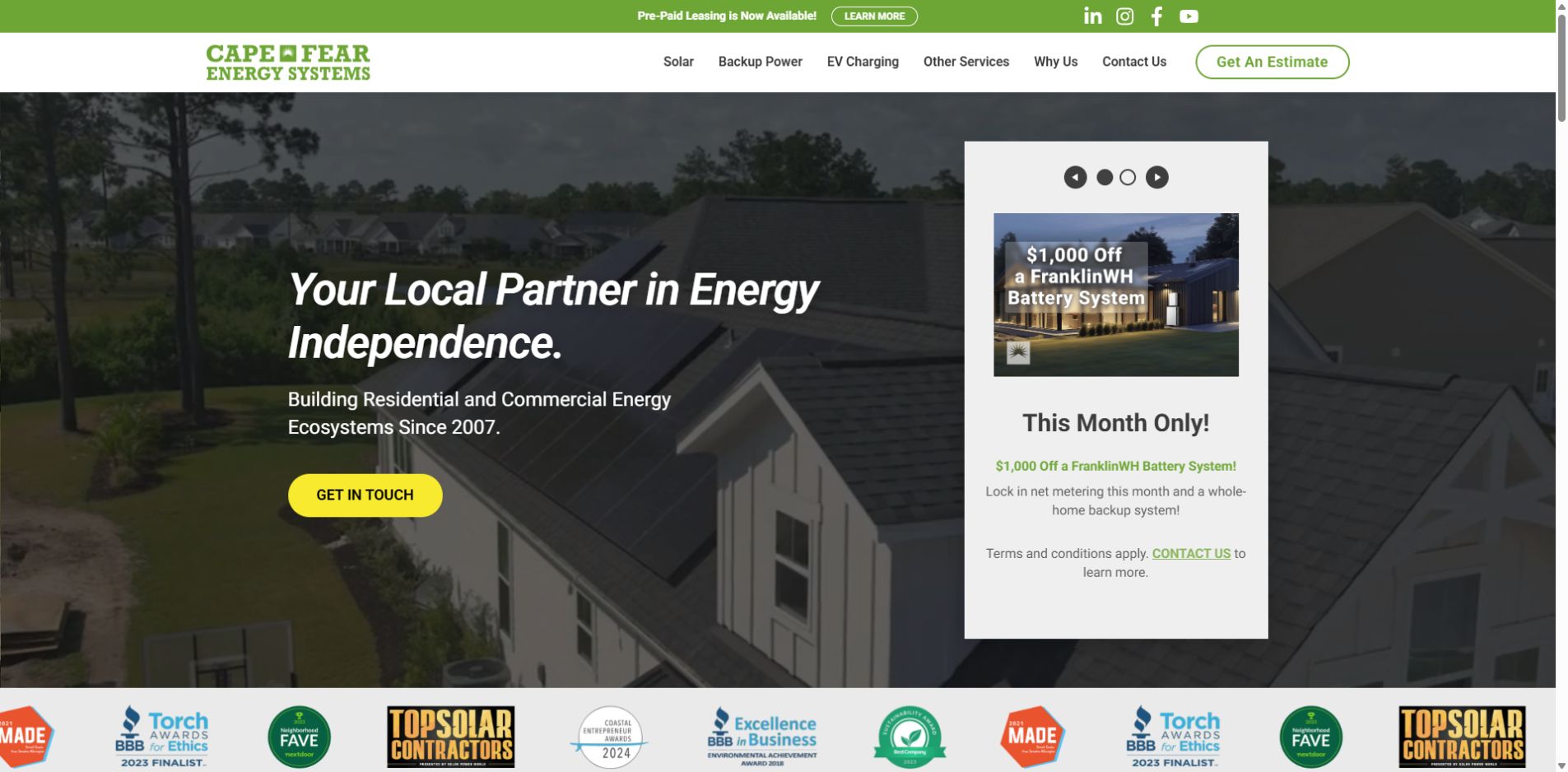 Screenshot of Cape Fear Energy Systems official website homepage