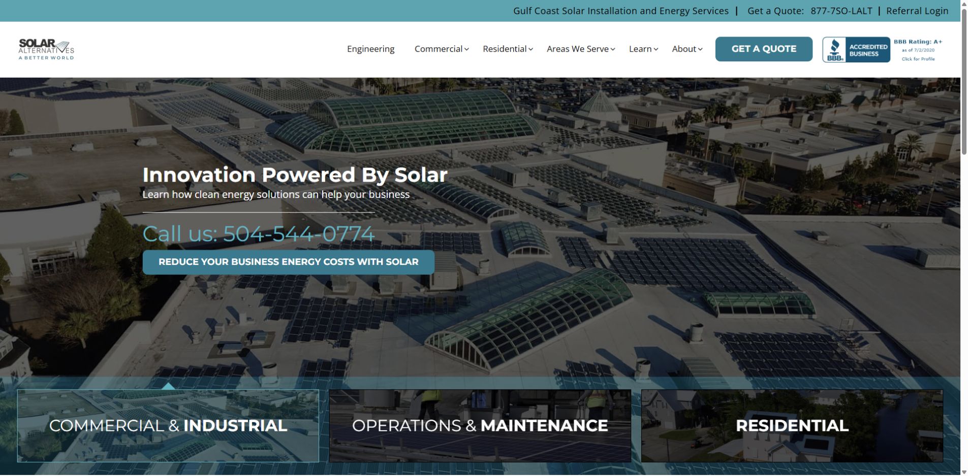 Screenshot of Solar Alternatives official website homepage