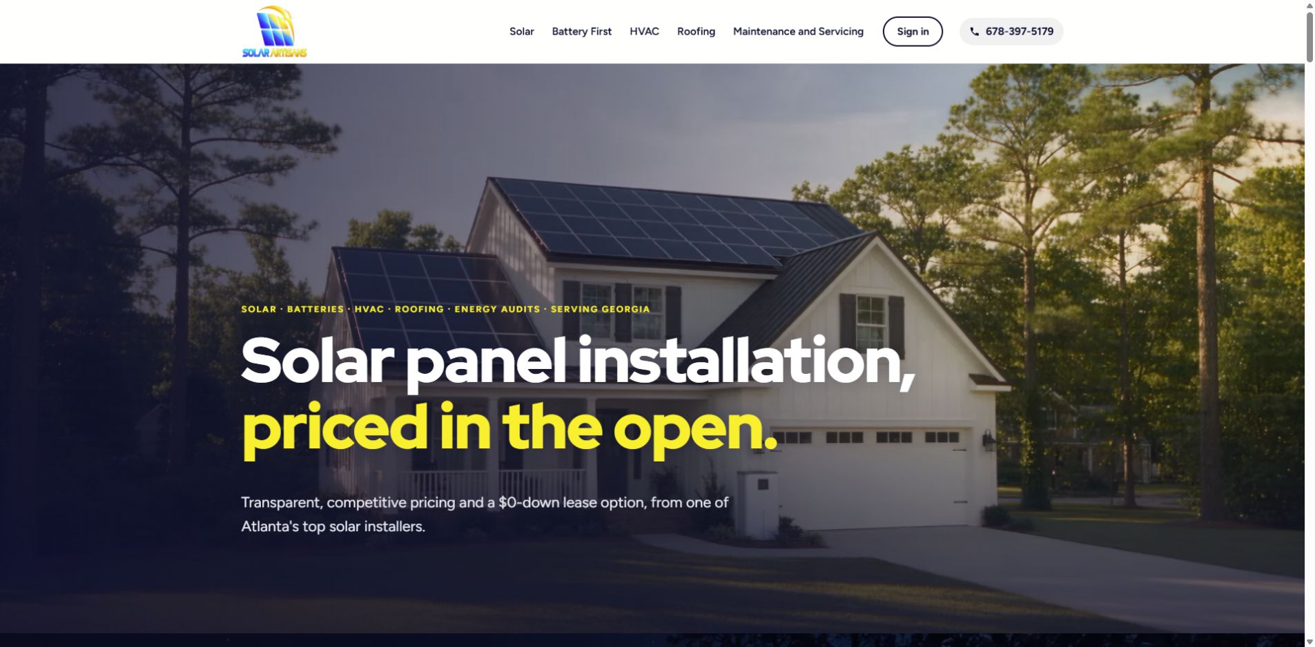 Screenshot of Solar Artisans official website homepage
